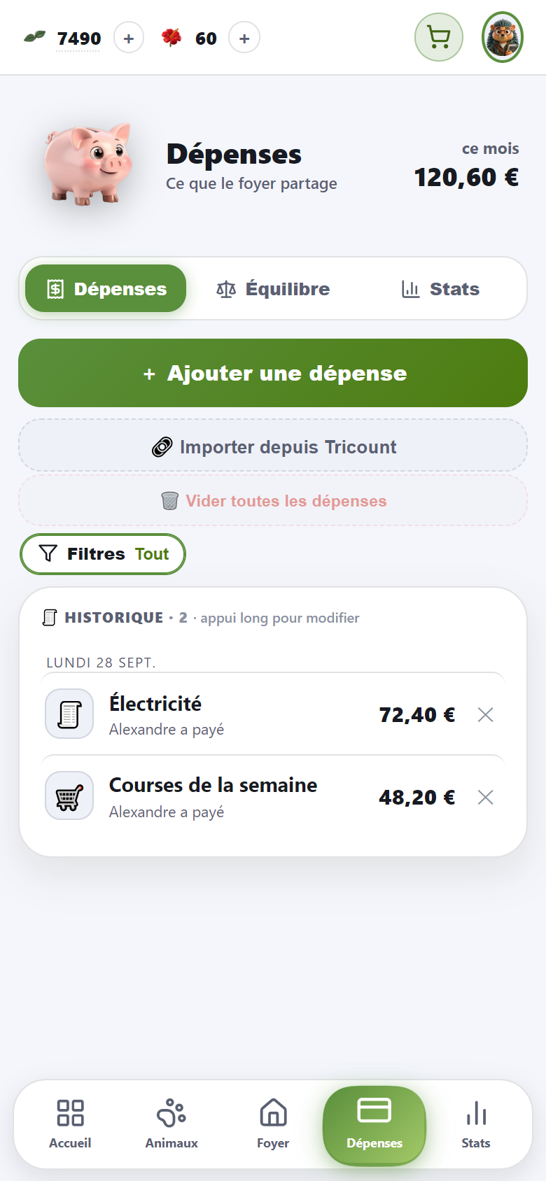 Capture actuelle des dépenses partagées dans Domos